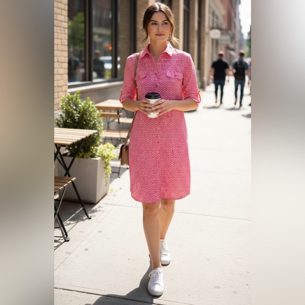 J McLaughlin Lawrence Dress Catalina Cloth Pink Honeycomb Polo Preppy Women MED
